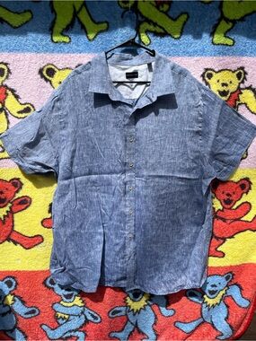 Rochester vintage Linen-Blend Short Sleeve Button-Down Shirt in Washed Blue